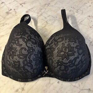Cacique Lane Bryant Black Lace Boost Plunge Bra 36H Underwire Padded Sexy